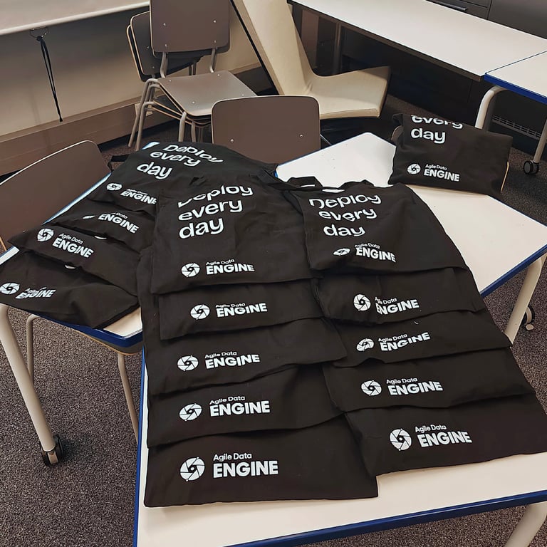 A classroom setup with several tables pushed together, displaying neatly folded black Agile Data Engine tote bags with the text “Deploy every day” and the ADE logo. The background shows stacked chairs, a whiteboard, and a projected slide on the wall.